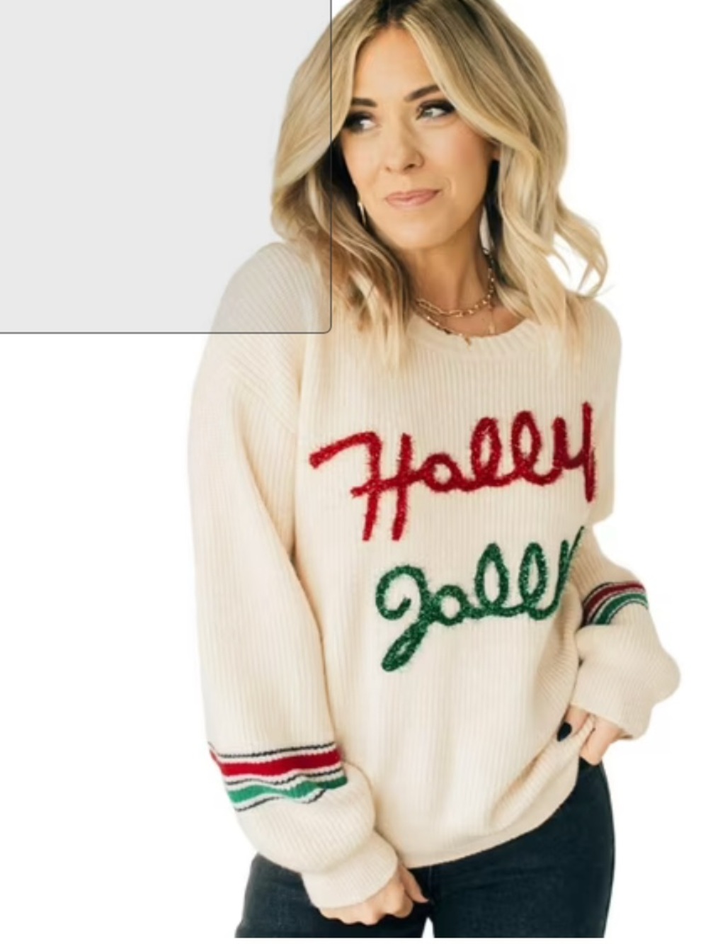 NWT Cream Ribbed Sweater with Tinsel ‘Holly  Jolly'. Women's Crewneck. Size S